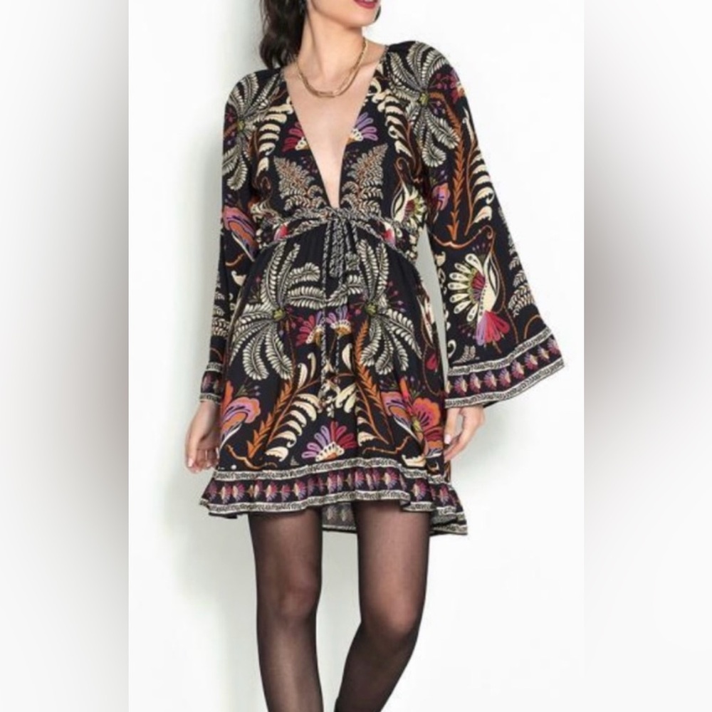 Farm Rio Bell Sleeve, Deep V Tropical Print Mini Dress